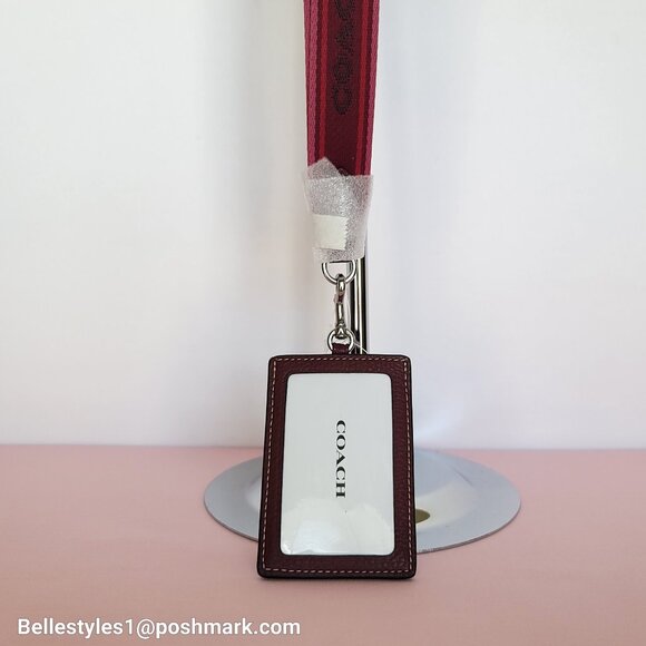 COACH Lanyard ID Pebbled Leather w Webbing Strap- Wine multi⭐ - Picture 5 of 14